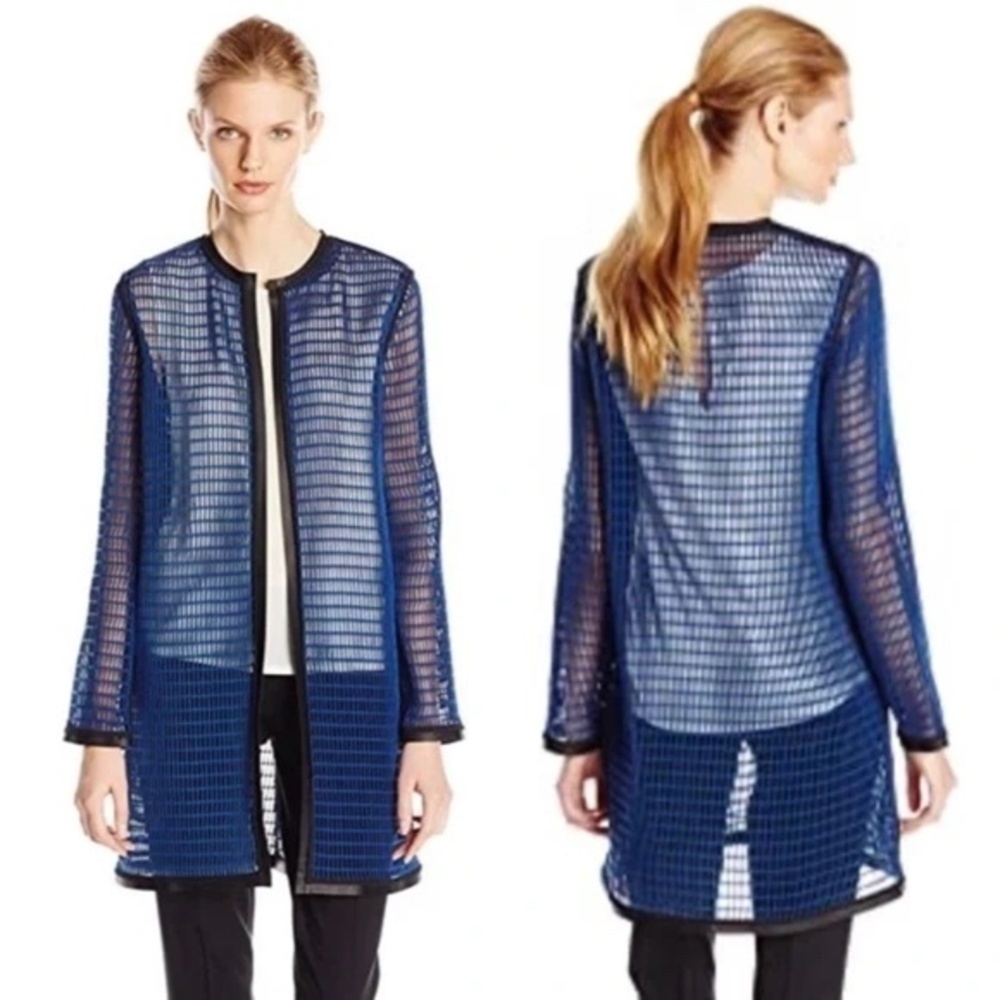 Elie Tahari Reversible Mesh Caged Soho Coat Black Leather trim - Size M